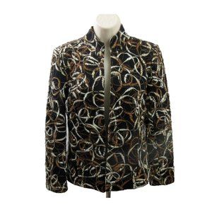 Joni B Womens Jacket Sz Medium Brown Black Embroidered Open Metallic Long Sleeve